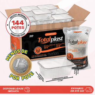 144 Potes 500ml Retangulares Descartáveis Com Tampa Para Freezer e Microondas Totalplast
