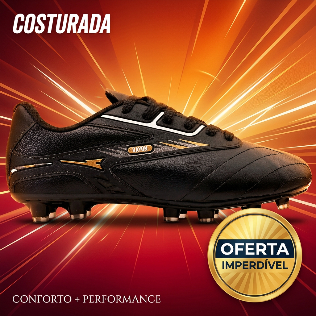 Chuteira em Couro 100% Legitimo Campo Trava  Resistente Costurada Original Fly Race R422-03