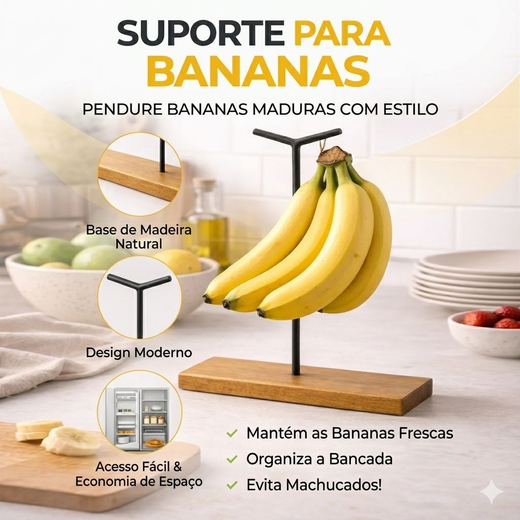 Suporte Para Pendurar Banana Cozinha Premium Madeira Maciça e Ferro Luxo Resistente