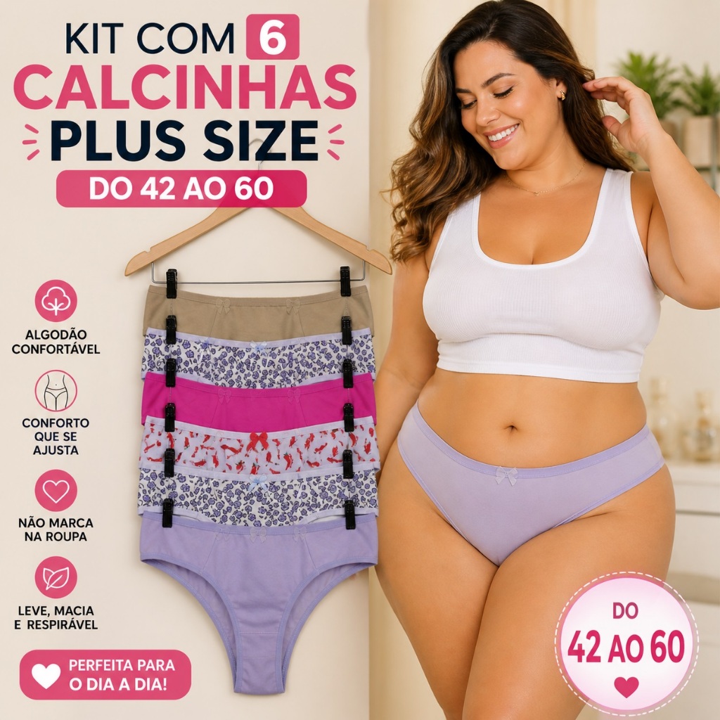 Kit 6 Calcinhas Plus Size Tangão Algodão Cintura Alta Confortável Não Marca Do 42 ao 60 Promoção
