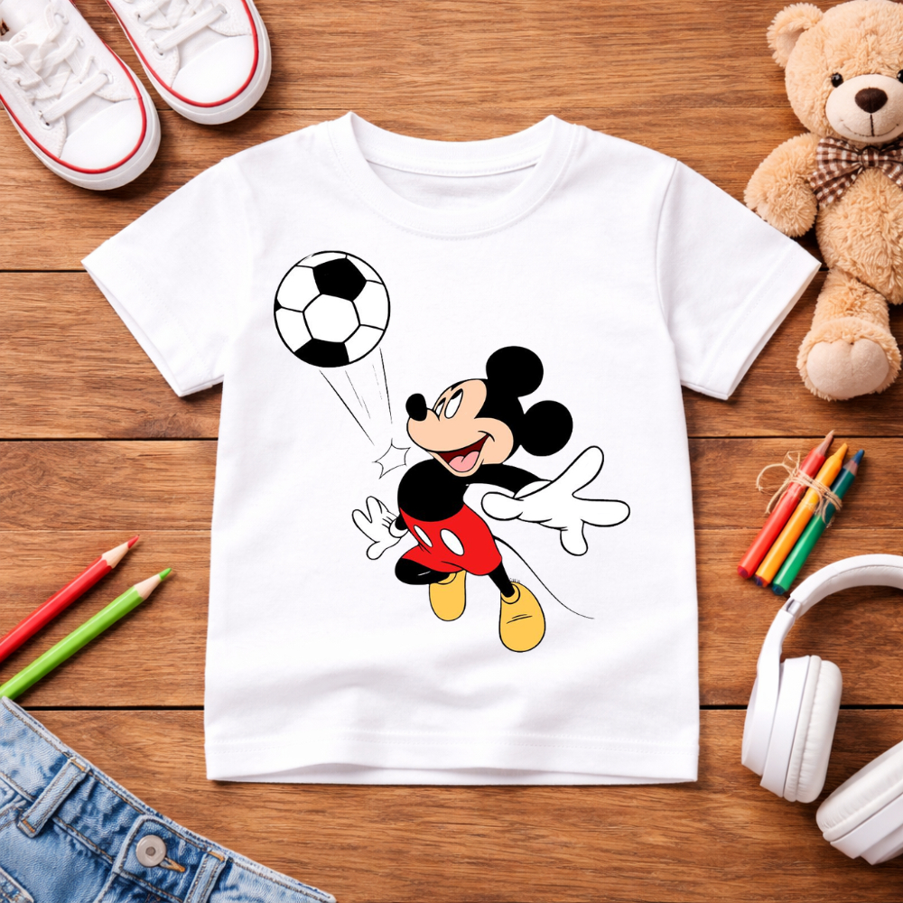 camisa camiseta infantil menino Mickey Jogando bola Mickey futebol 100% Algodão premium