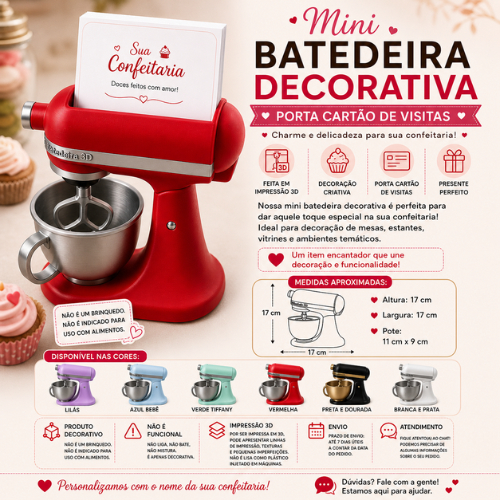 Mini Batedeira Planetária Decorativa 3D Porta Cartão de Visita Confeitaria Personalizado