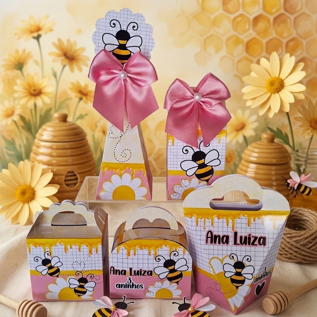 Kit Personalizados ABELHINHA ROSA Pegue e Monte Caixinhas Lembrancinhas Festa Infantil Aniversário