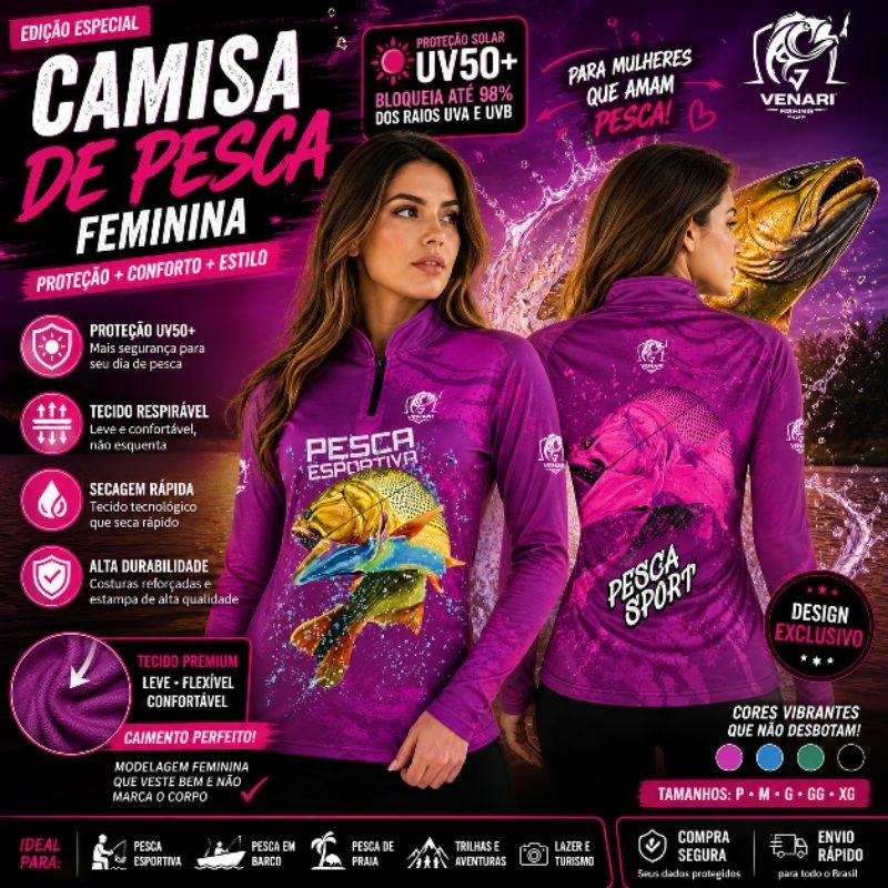 Camisa Feminina Pesca Peixe Dourado Camiseta Proteção Uv50 Pescaria Manga longa pesca Blusa Pesca Feminina com nome