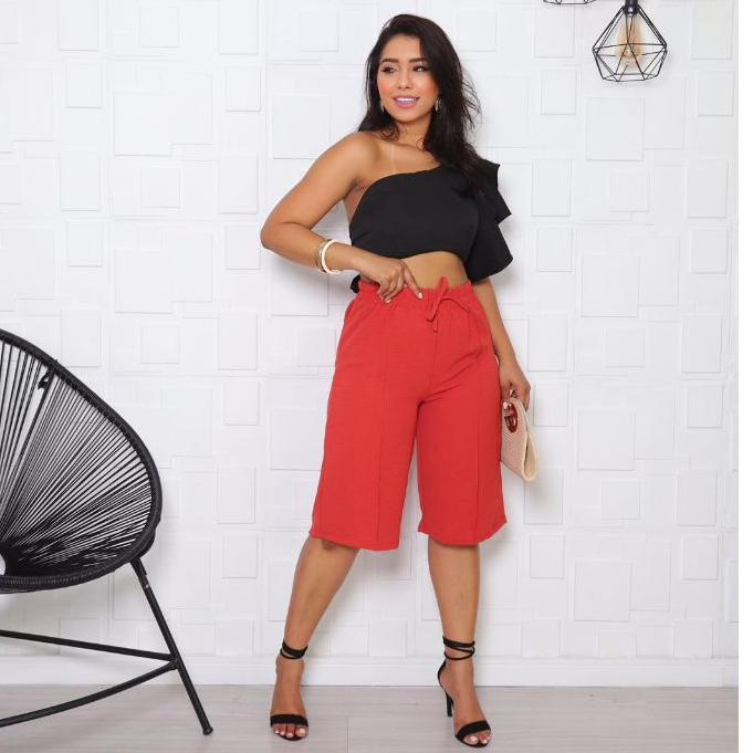 bermuda shorst confortavel cintura alta com bolso elastico e cordao soltinha leve dia dia