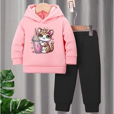 Conjunto Infantil Moletom Menina Oncinha Agasalho com Capuz Canguru Feminino Blusa de Frio e Calça Preta Oncinha Sundae