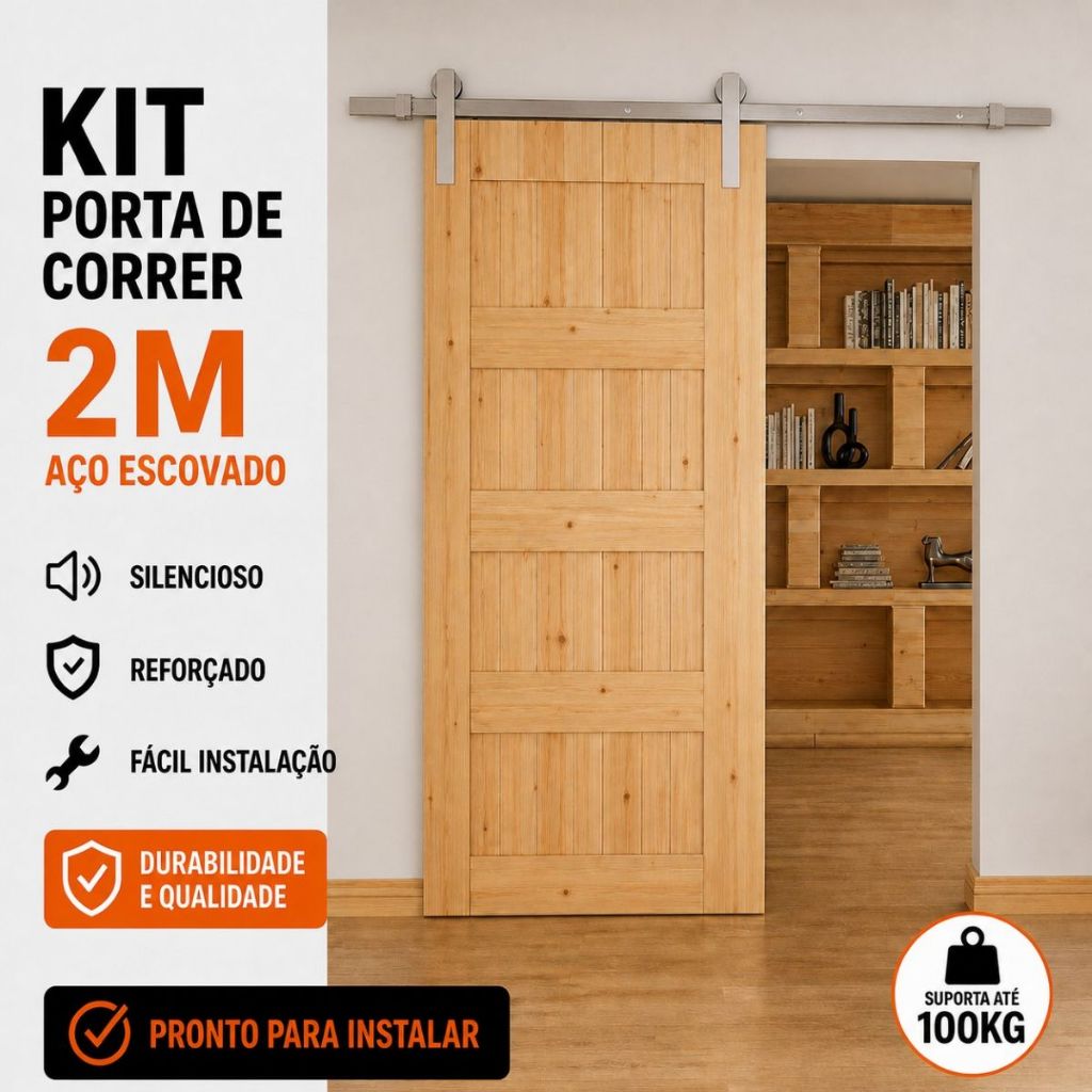 Kit Porta de Correr 2m Aço Escovado Fosco Trilho Roldana Aparente Alumínio Completo Reforçado