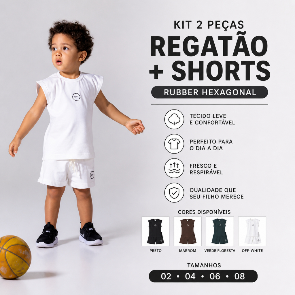 Conjunto Infantil Menino 2 Peças Regata Machão + Shorts Rubber Hexagonal Leve e Confortável