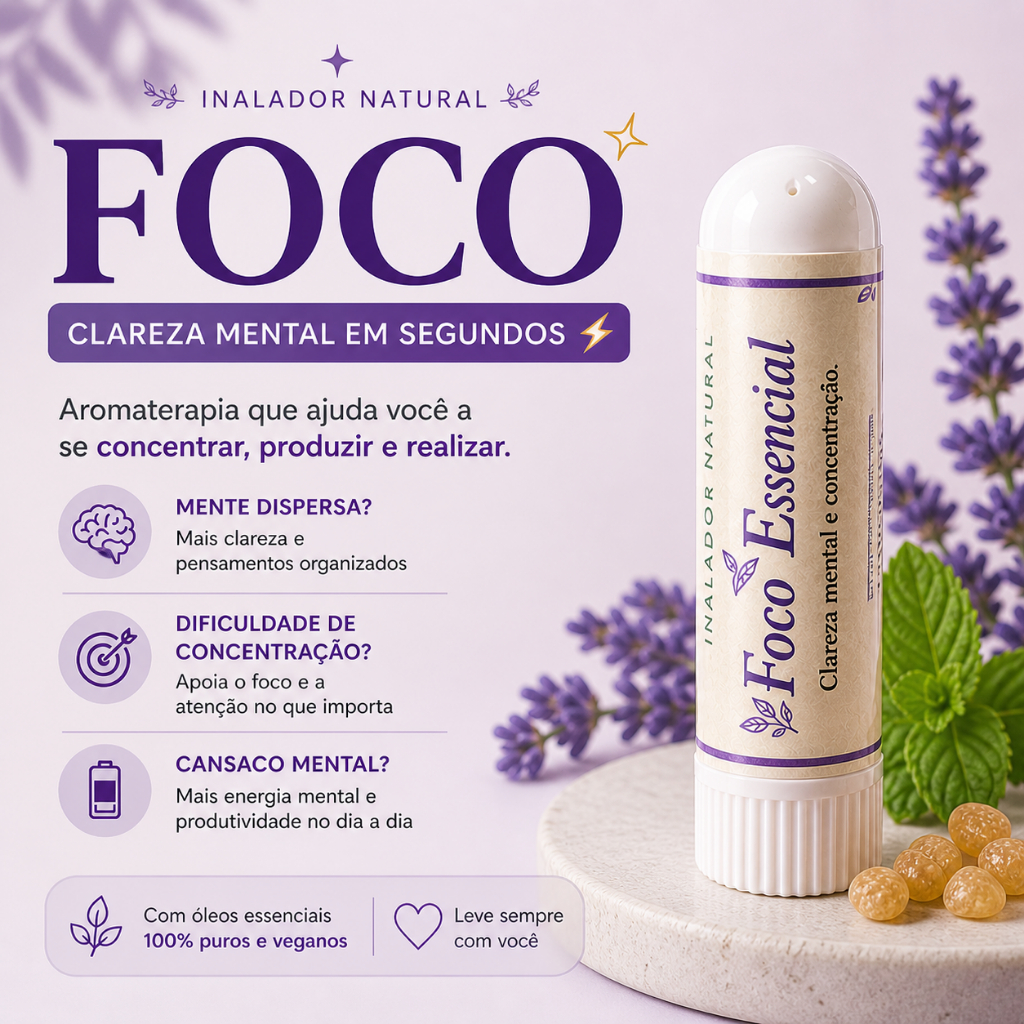 Inalador Aromaterapia Foco e Concentração Natural | TDAH l Produtividade Clareza Mental | Hortelã Olíbano Vetiver Cedro