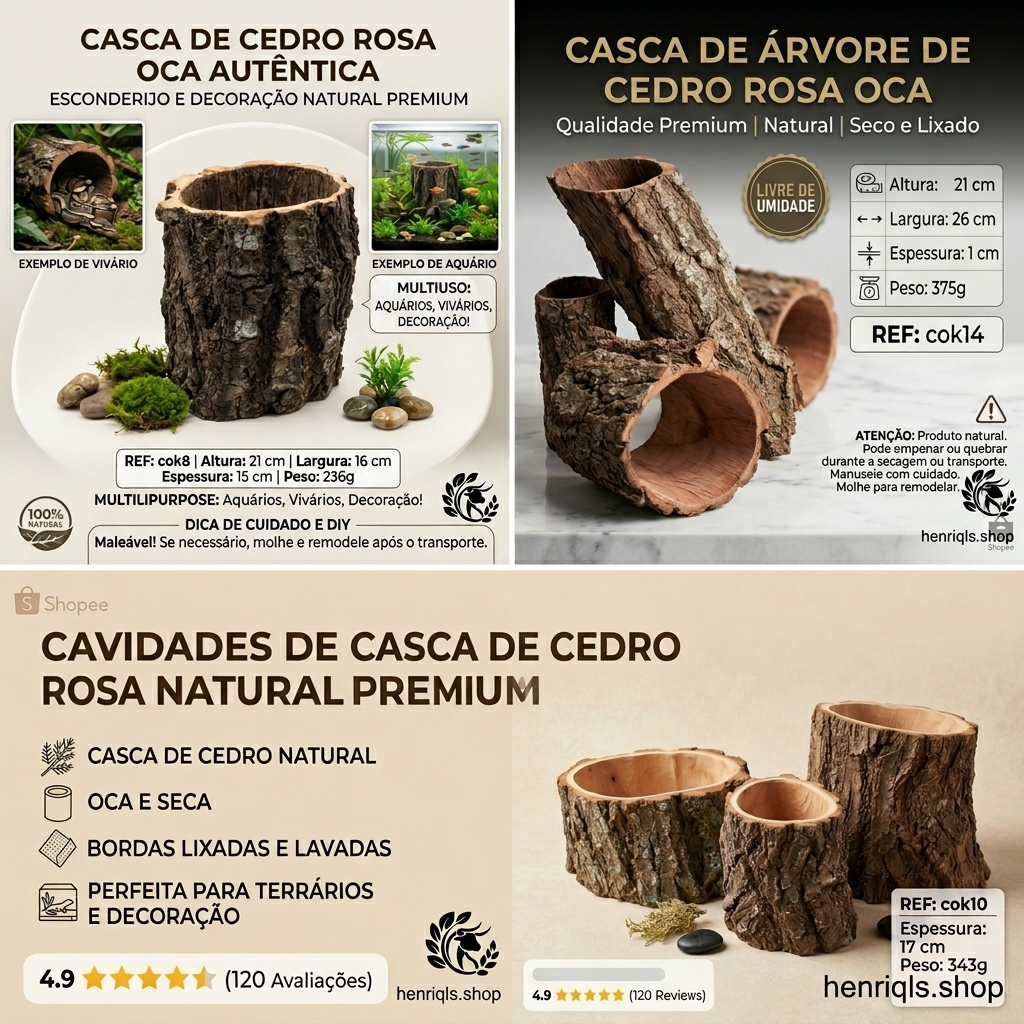 Kit 3 Casca Oca Natural Cedro Rosa (Cork Bark) para Terrário, Orquídeas e Répteis – Abrigo Natural Decorativo Rústico