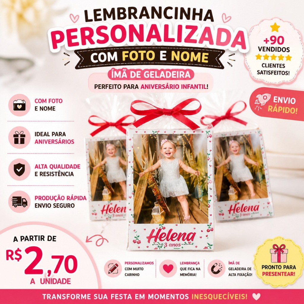 Lembrancinha Infantil Personalizada com Foto e Nome | Ímã de Geladeira | Aniversário | Presente Criativo