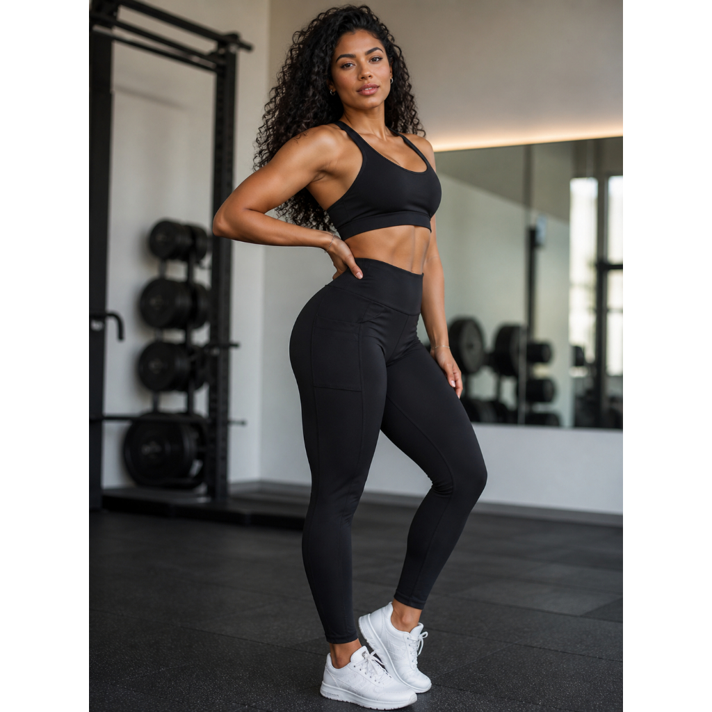 Calça Legging Poliamida Fitness Feminina com Bolso Lateral Cintura Alta Zero Transparência, Academia
