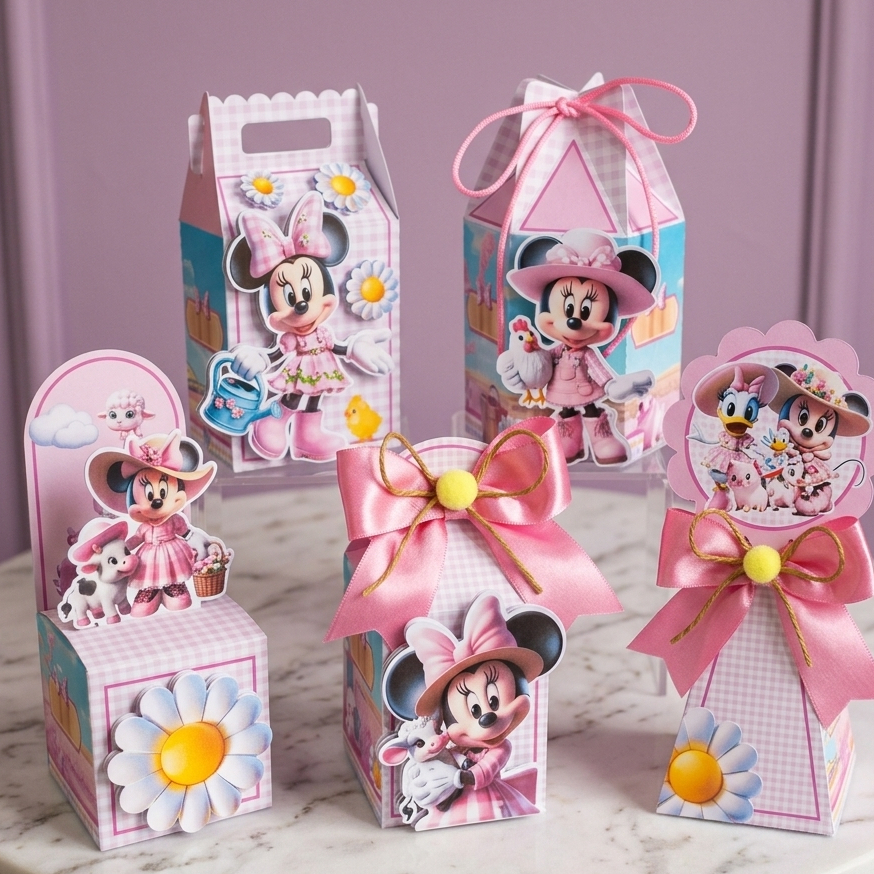 PEGUE E MONTE|Kit Festa Personalizado| MINNIE FAZENDEIRA| Caixinhas Lembrancinha para Aniversário - SEMIMONTADAS