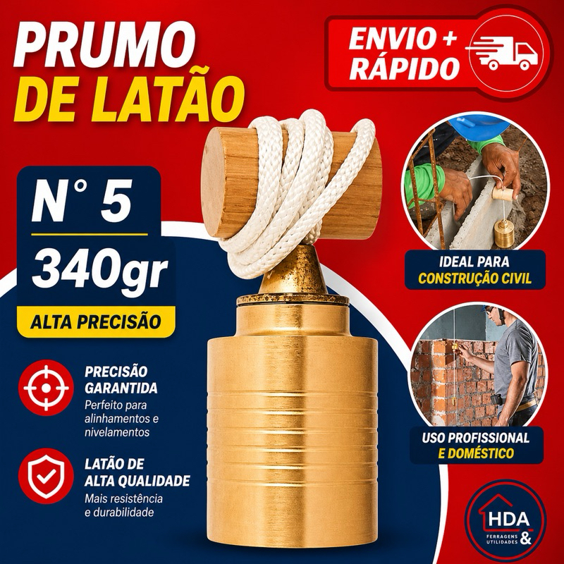 Prumo Para Pedreiro Latão Maciço Leve N°5 Profissional - Emavah