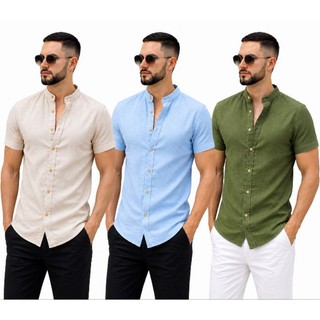 Camisa social de linho  Slim, Masculina Manga Curta Gola Padre | Leve, Elegante, Moderna …