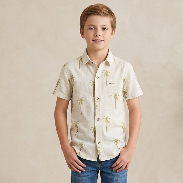 Camisa Social Floral Coqueiros Masculina Manga Curta Infantil Juvenil Alfa 1578 Verão