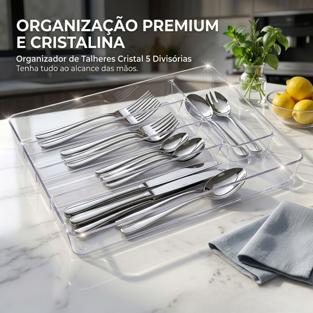 Organizador De Talheres  34x26 Acrílico Com Cinco Divisórias Empilhável - Multicolorido Resistente