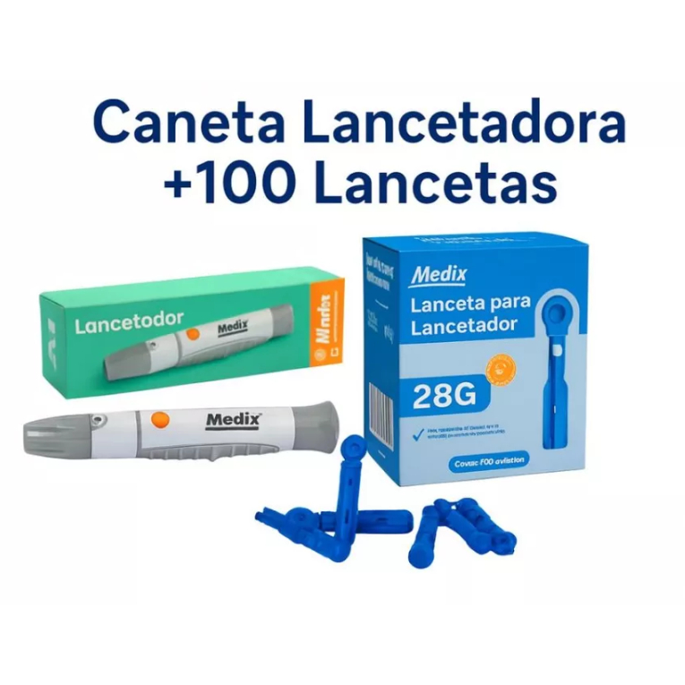 KIT CANETA LANCETADORA + 100 LANCETAS UNIVERSAL PUNÇÃO MEDIR GLICOSE