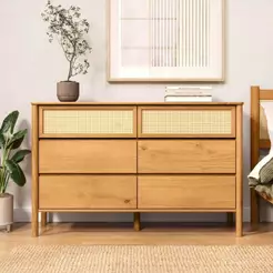 Cômoda 6 Gavetas Quarto Adulto Madeira Rattan Com Pés Elevados Freijó Cefira