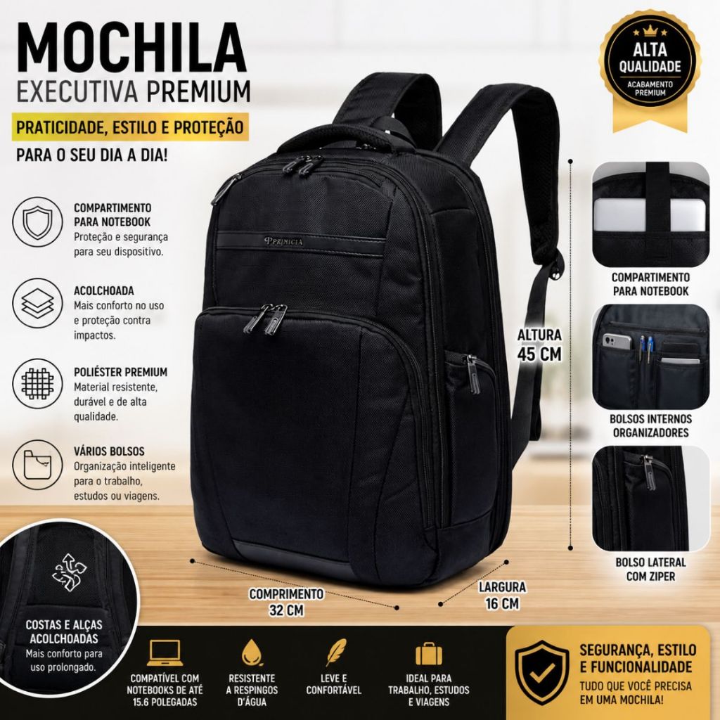 Imagem Mochila Executiva Premium Acolchoada Notebook Poliéster Resistente Trabalho Viagem Faculdade