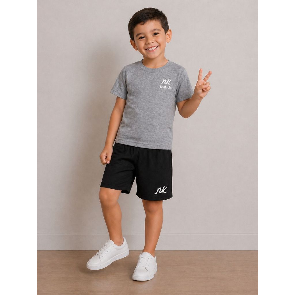 Conjunto Infantil Masculino de 1 até 7 anos, Preto, Cinza e Branco 🖤 Camisa + Short| Look Moderno Verão 2026