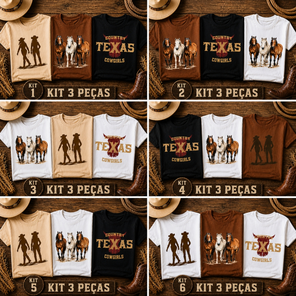 Kit 3 Camisetas Feminina Texas Boiadeira 100% Algodão Agro Cowgirl Contry Vaqueira