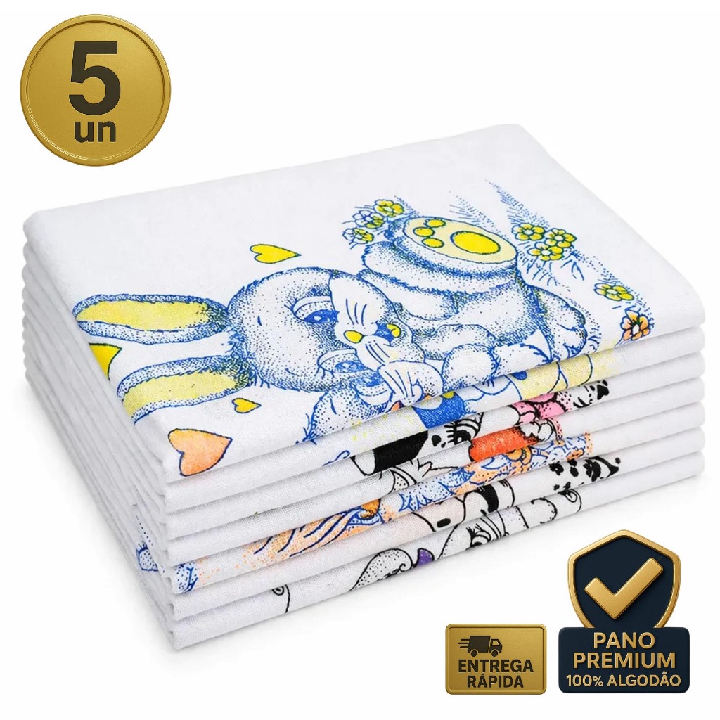 Kit 5 Panos Prato Estampado 41x66 Pe Galinha Legitimo Super Absorvente Grande