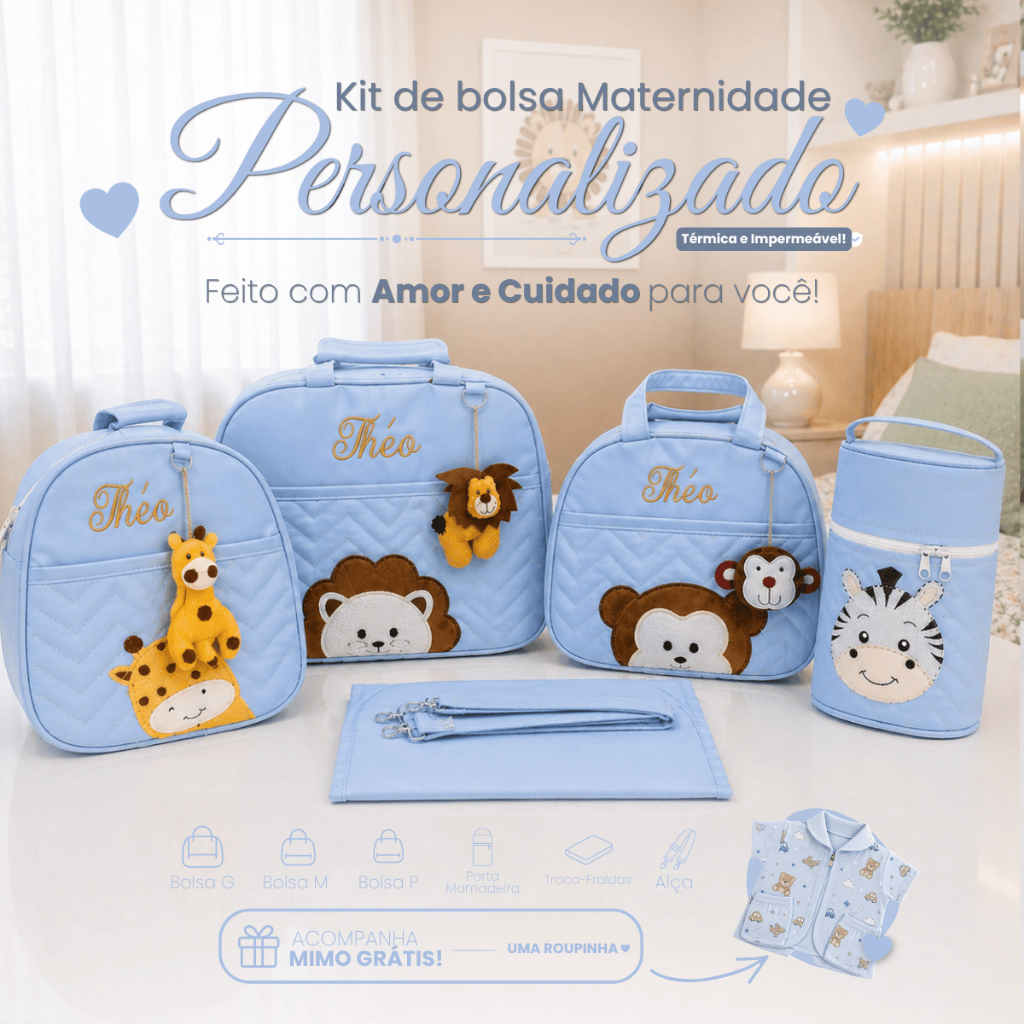 Kit Bolsa Maternidade Personalizado com Nome do Bebê completo com 5 peças para menino/menina Savana