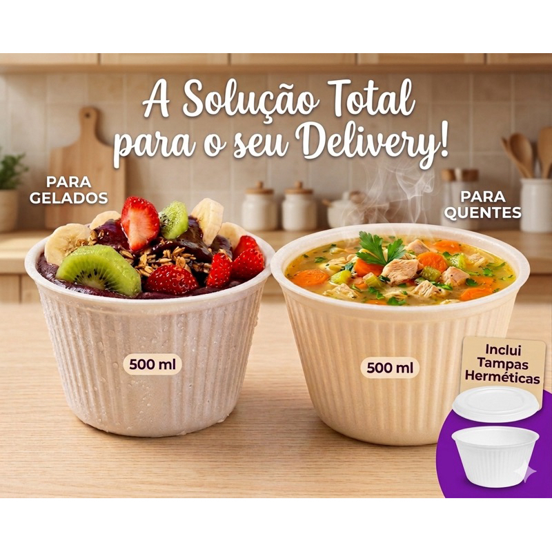Cumbuca 50/100 un. Pote Térmico Isopor 500ml com Tampa Fibraform - Ideal para Açaí, Sopas e Caldos