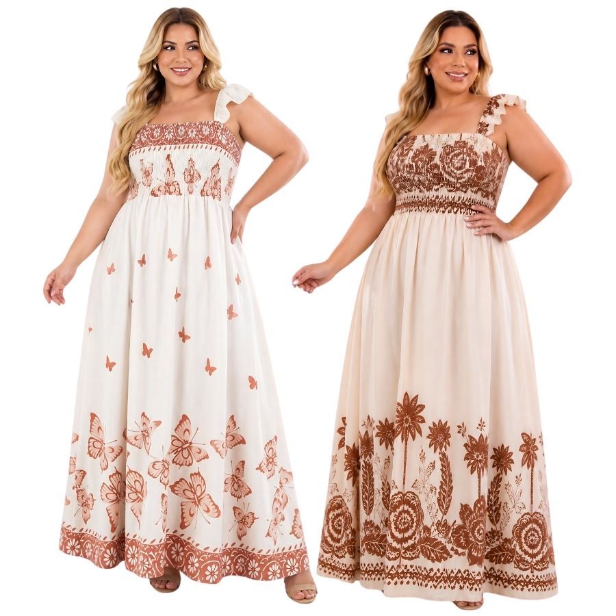 Vestido BIA Longo Alça de Babado Crepe Dunas Plus Size Moda Casual Plis, Moda Evangélica / Elegante / Confortável