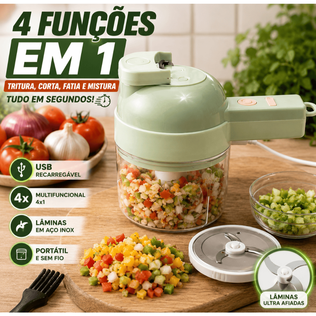 Processador Triturador Elétrico 4x1 USB Multifuncional Cortador Fatiador de Legumes