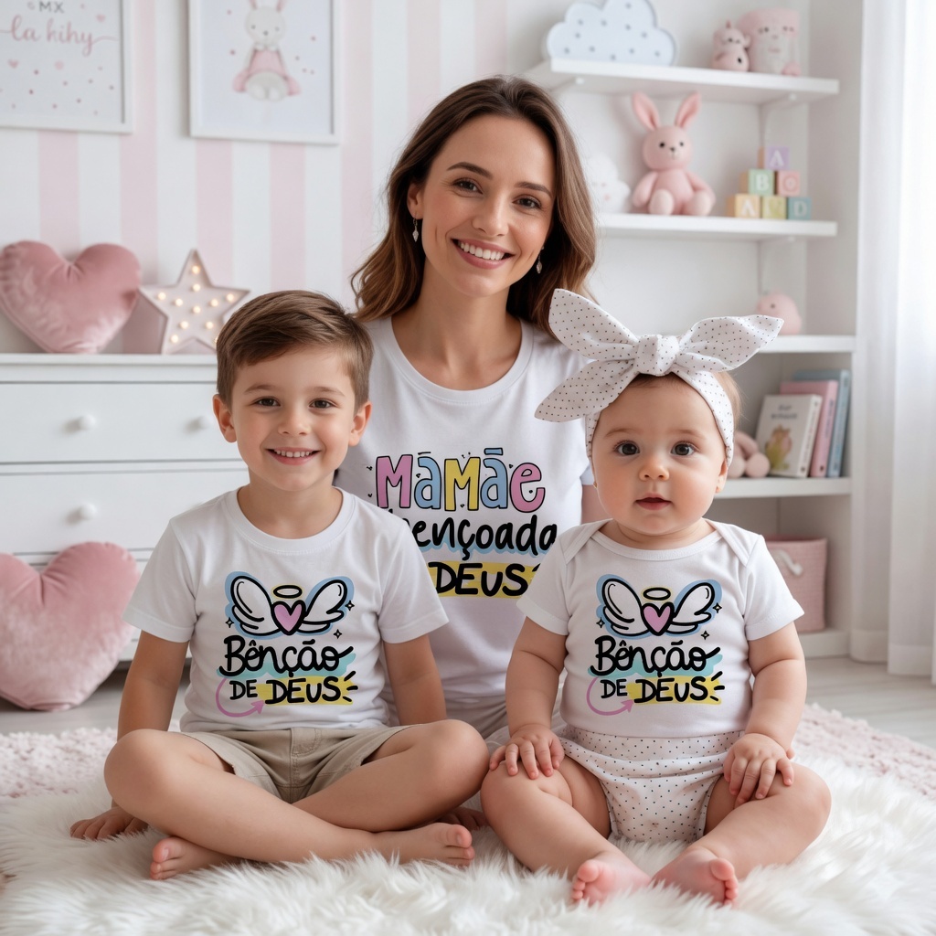 Kit Tal Mãe Tal Filha Especial Dia das Mães - Camiseta Mãe Camiseta Filho e Body Bebê "Abençoada por Deus"
