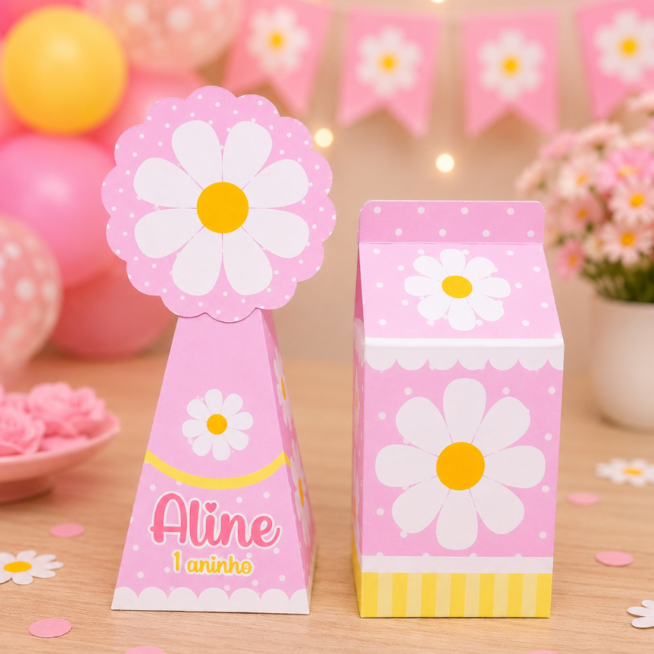 Kit Personalizado Tema MARGARIDAS ROSA | Lembrancinhas de Aniversário Festa Infantil | Caixinhas