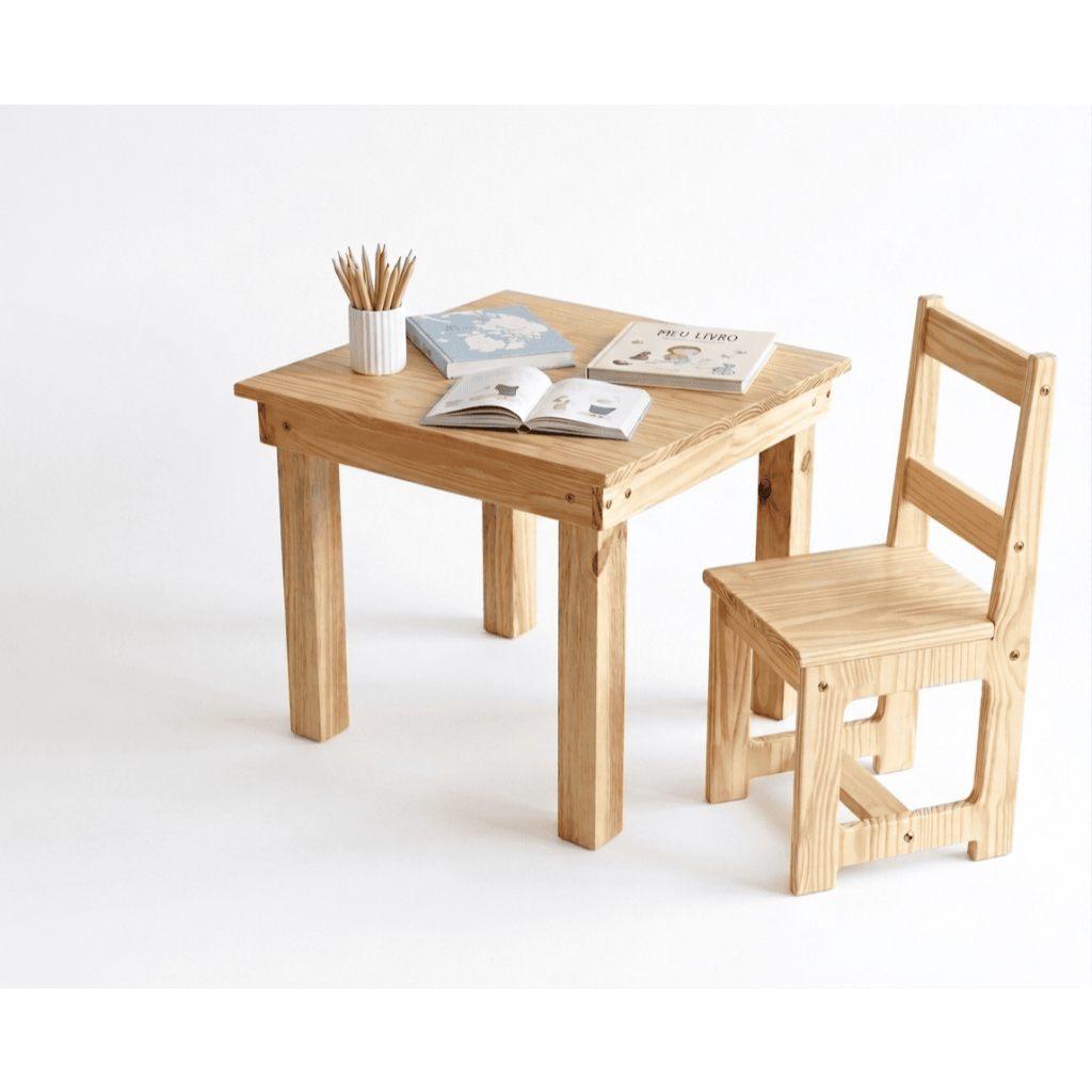 Conjunto Mesa E 1 Cadeira Infantil Em Madeira Maciça Sem Pintura