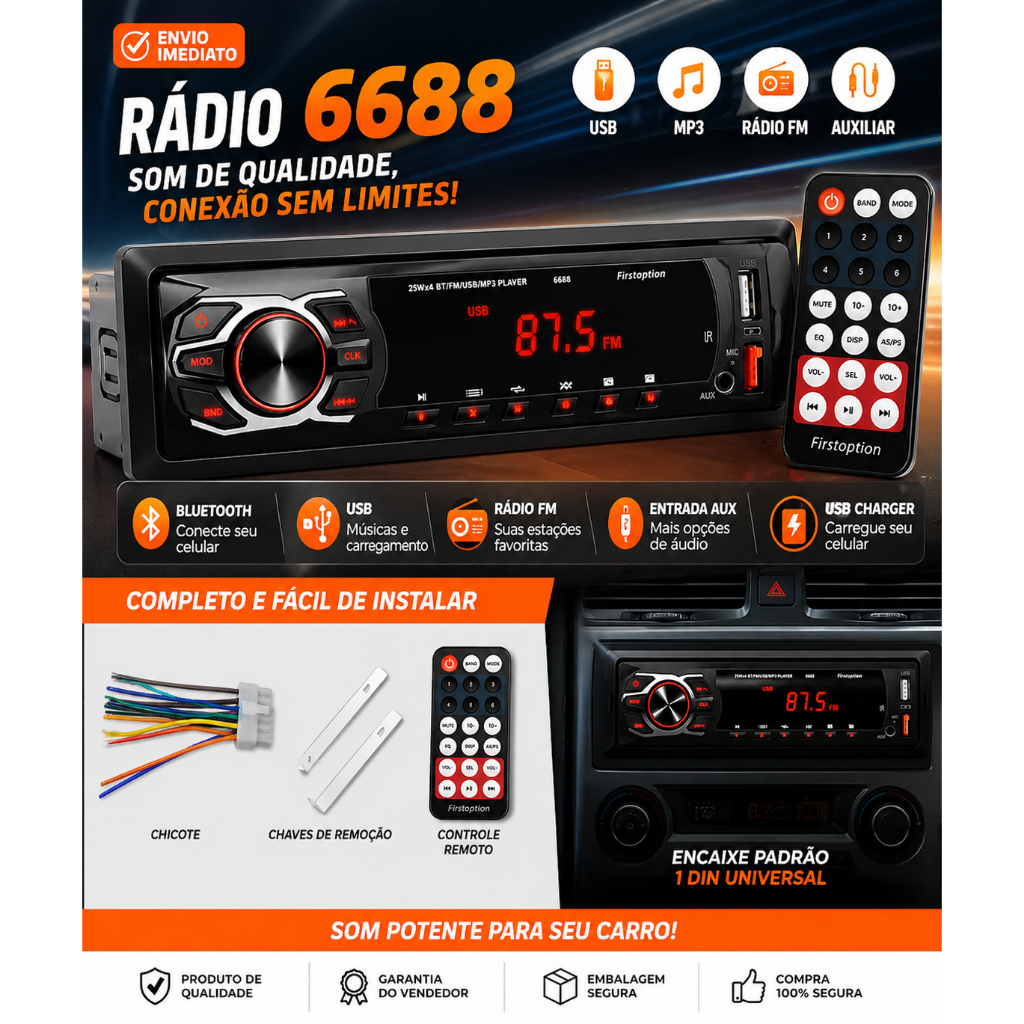 Som Automotivo Rádio Para Carro First Option 6688 Bt Usb Bluetooth Leitor Sd