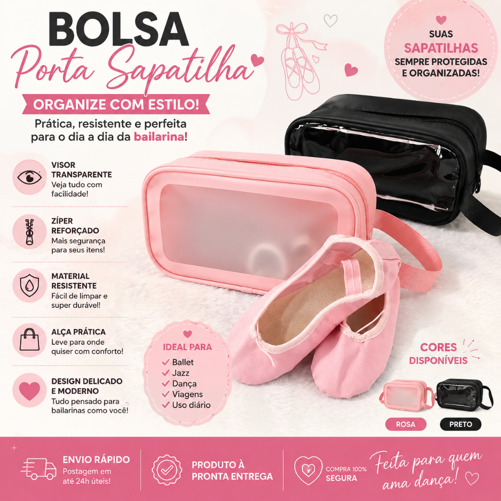 Bolsa Porta Sapatilha Ballet Rosa e Preta | Necessaire Bailarina Impermeável com Visor Transparente