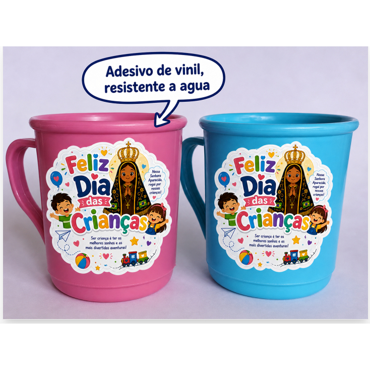 Kit Caneca 12 a 30un Nossa Senhora Aparecida Dia das Crianças 390ml Plástica Lembrancinha de Fé Igreja