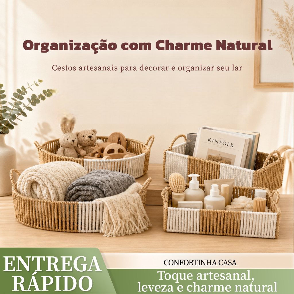 Cesto Organizador Multiuso Trançado com Alças Para Casa e Piquenique
