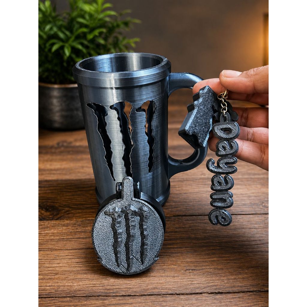 Caneca Porta Lata MONSTER Personalizada com Kit exclusivo , stilo Tampa e Chaveiro abridor de lata. Impressão 3D 475ml m