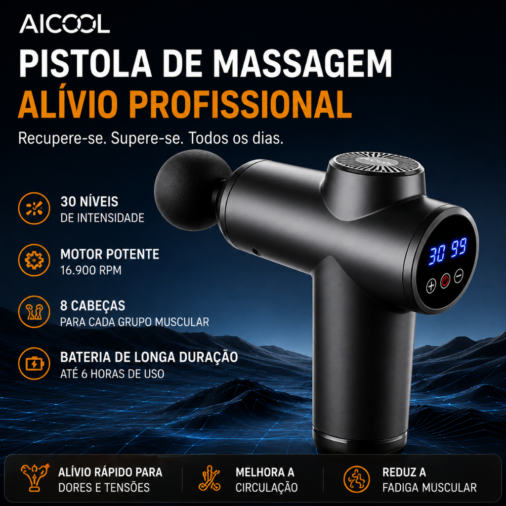 Pistola de massagem muscular elétrica profissional com oito cabeças de massagem. Alivia a fadiga muscular.