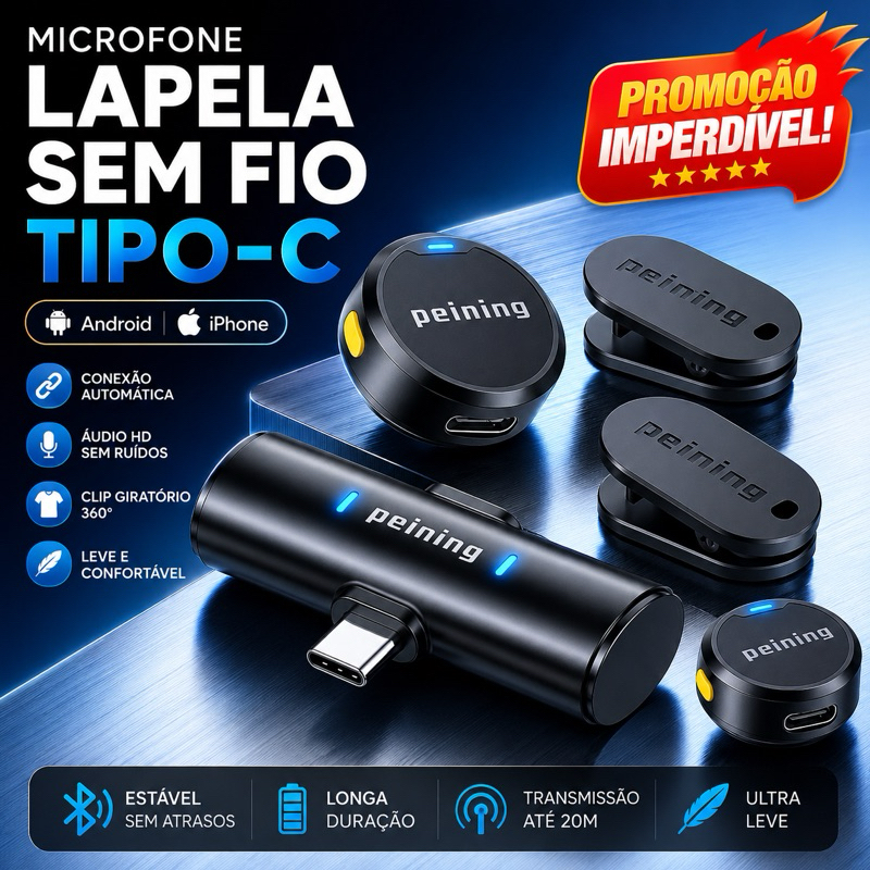 Microfone de Lapela Sem Fio Tipo-C Profissional–Redução de Ruído Inteligente para Celular