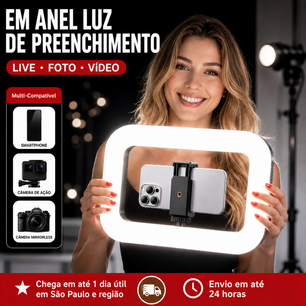 Iluminação Profissional Ring Light LED Portátil 20W para Fotos e Vídeos