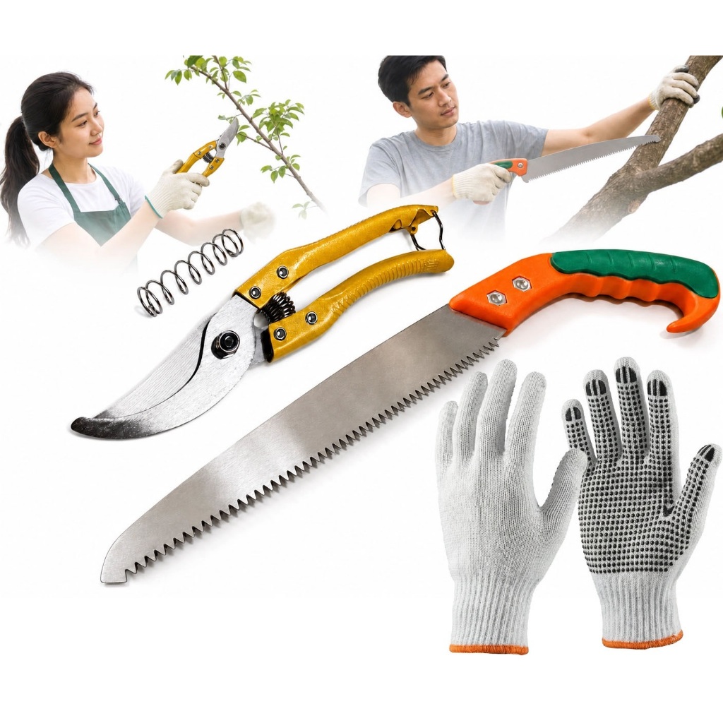 Kit Poda Profissional Serra Serrote para poda  + Tesoura Galhos Plantas Jardim + Luvas aderente