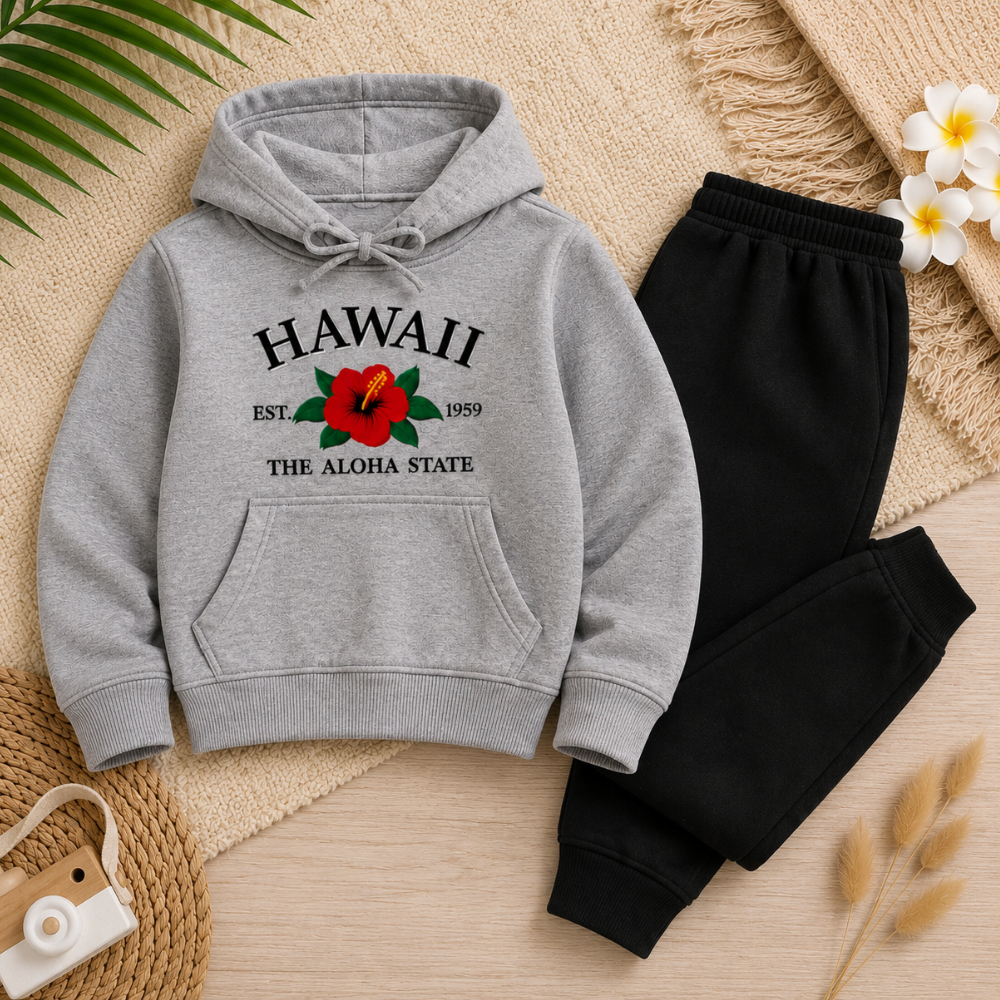 Conjunto Moletom Infantil Havai Hawaii Aloha Floral Flanelado Canguru Inverno Quentinho Tendência