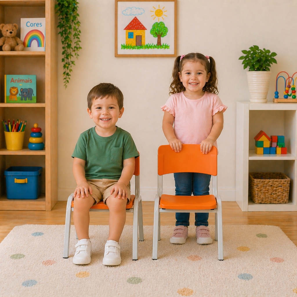 2 Cadeiras ISO Infantil Laranja Empilhável – Estrutura Fixa em Aço para Escola e Brinquedoteca