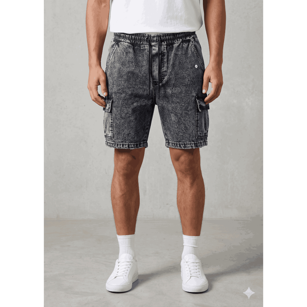 Bermuda Cargo Masculina Jeans Estonado Streetwear Solta Casual com Bolsos Grandes Cintura Codao