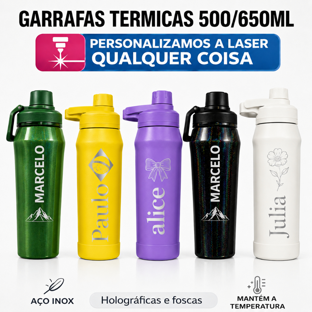 Garrafa Térmica Inox 500ml 650ml com Alça Personalizada Com Nome Logo Time