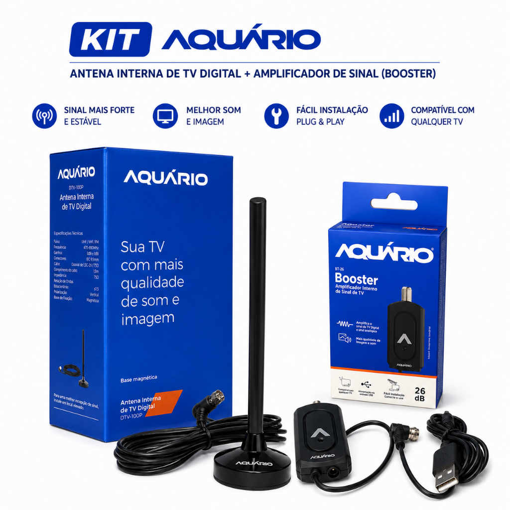 KIT ANTENA DIGITAL DTV-100P AQUARIO HDTV 4K + AMPLIFICADOR DE SINAL ANTENA BOOSTER BT-26