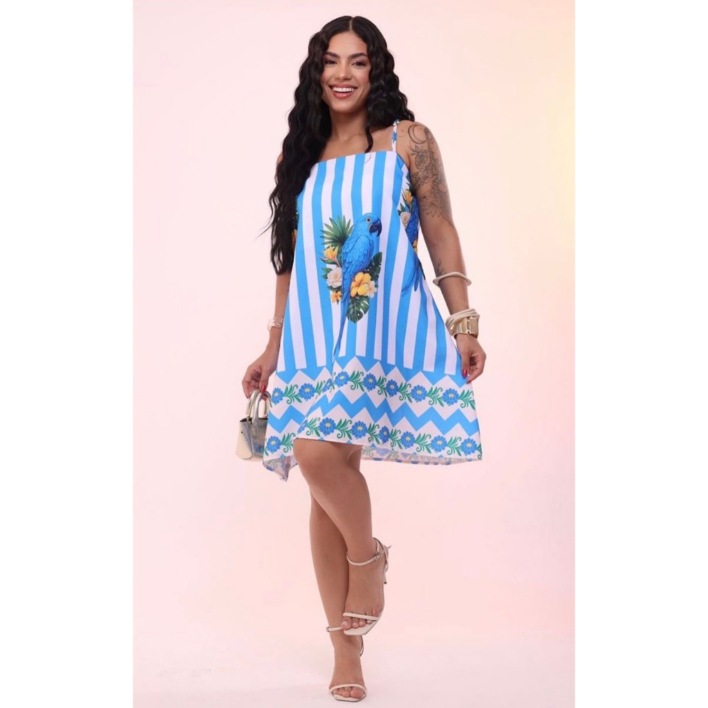 vestido feminino soltinho acinturado alcinha estampado inspiração listrado moda feminina verão