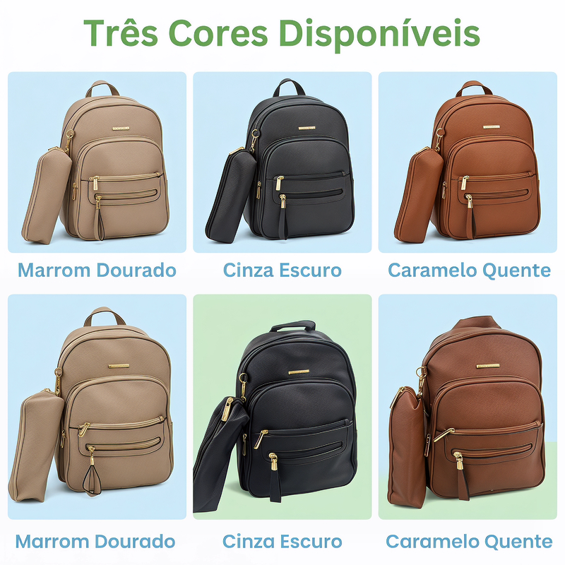 Mochila Feminina Textura Lichia Múltiplos Bolsos + Bolsa Pequena Correspondente Estoque Disponível — imagem 2 de 2